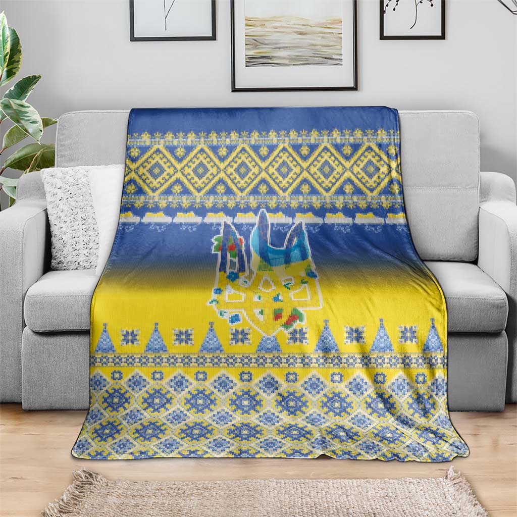 Ukraine Merry Christmas Blanket Ukraine Emblem and Vyshyvanka Knitted Effect - Wonder Print Shop