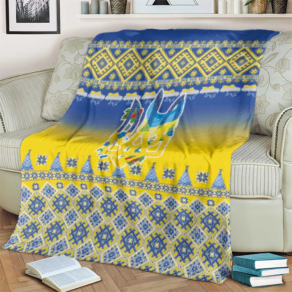 Ukraine Merry Christmas Blanket Ukraine Emblem and Vyshyvanka Knitted Effect - Wonder Print Shop