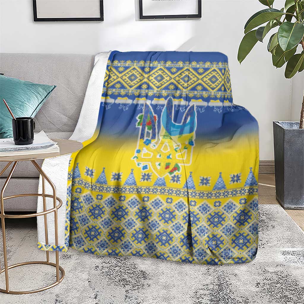 Ukraine Merry Christmas Blanket Ukraine Emblem and Vyshyvanka Knitted Effect - Wonder Print Shop