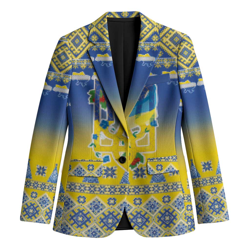 Ukraine Merry Christmas Blazer Ukraine Emblem and Vyshyvanka Knitted Effect - Wonder Print Shop