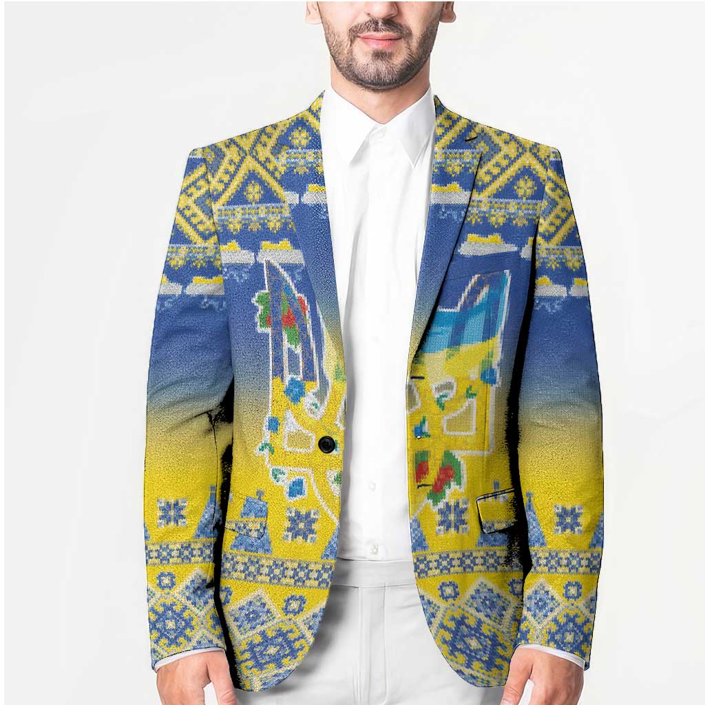 Ukraine Merry Christmas Blazer Ukraine Emblem and Vyshyvanka Knitted Effect - Wonder Print Shop