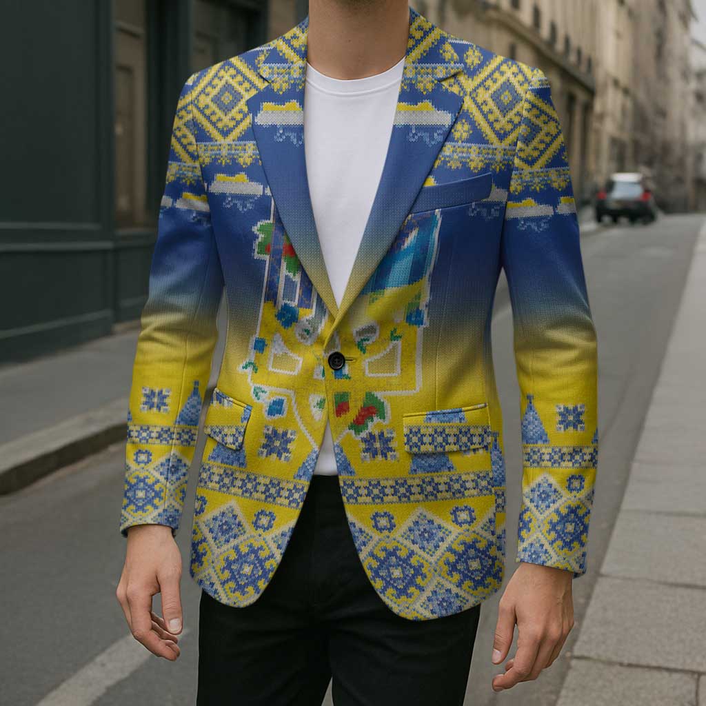 Ukraine Merry Christmas Blazer Ukraine Emblem and Vyshyvanka Knitted Effect - Wonder Print Shop