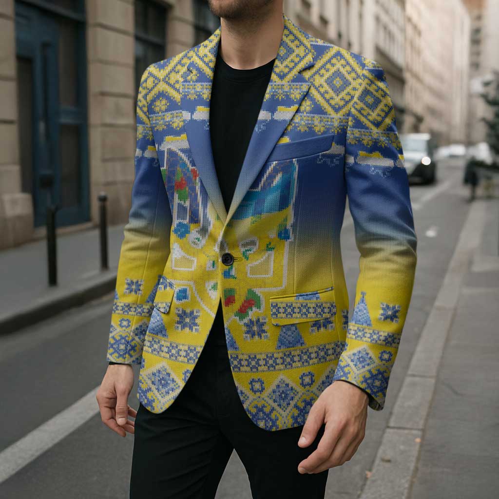 Ukraine Merry Christmas Blazer Ukraine Emblem and Vyshyvanka Knitted Effect - Wonder Print Shop