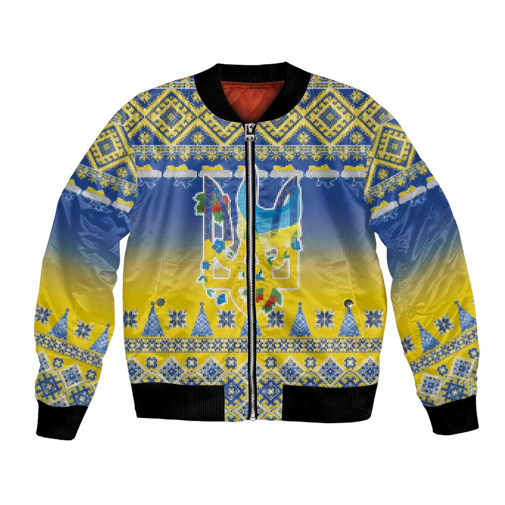 Ukraine Merry Christmas Bomber Jacket Ukraine Emblem and Vyshyvanka Knitted Effect - Wonder Print Shop