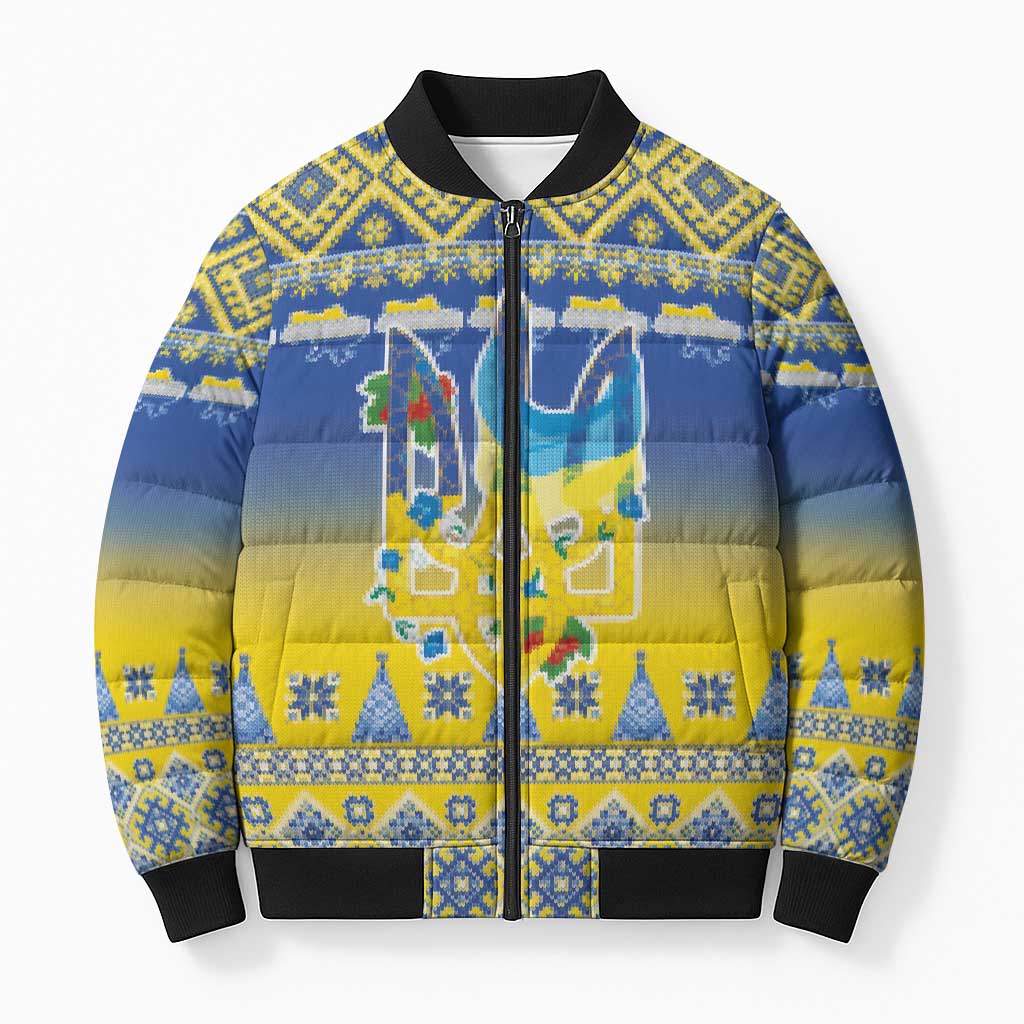 Ukraine Merry Christmas Bomber Puffer Jacket Ukraine Emblem and Vyshyvanka Knitted Effect - Wonder Print Shop