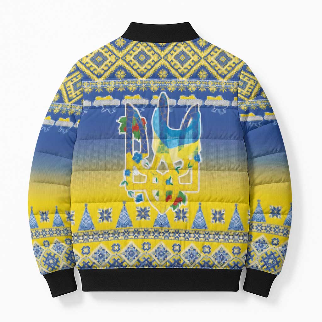 Ukraine Merry Christmas Bomber Puffer Jacket Ukraine Emblem and Vyshyvanka Knitted Effect - Wonder Print Shop