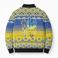 Ukraine Merry Christmas Bomber Puffer Jacket Ukraine Emblem and Vyshyvanka Knitted Effect - Wonder Print Shop
