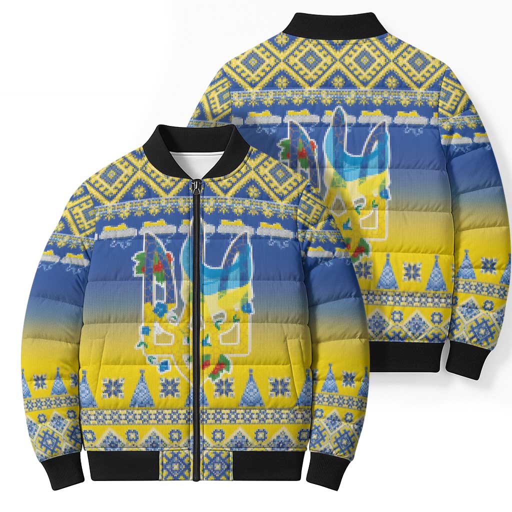 Ukraine Merry Christmas Bomber Puffer Jacket Ukraine Emblem and Vyshyvanka Knitted Effect - Wonder Print Shop