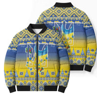 Ukraine Merry Christmas Bomber Puffer Jacket Ukraine Emblem and Vyshyvanka Knitted Effect - Wonder Print Shop