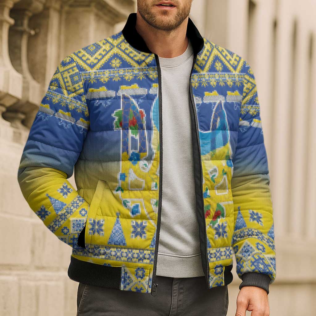 Ukraine Merry Christmas Bomber Puffer Jacket Ukraine Emblem and Vyshyvanka Knitted Effect - Wonder Print Shop