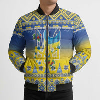 Ukraine Merry Christmas Bomber Puffer Jacket Ukraine Emblem and Vyshyvanka Knitted Effect - Wonder Print Shop