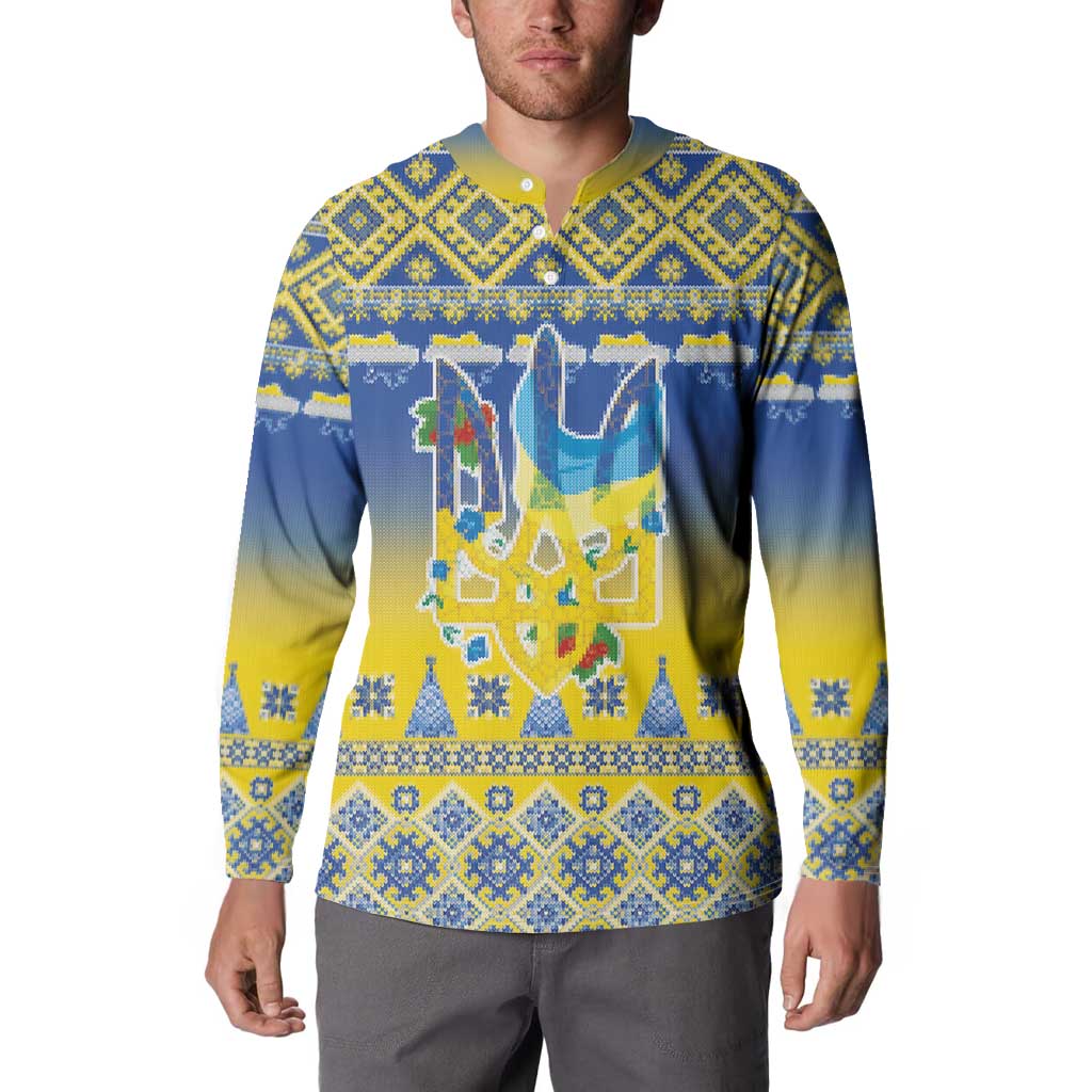 Ukraine Merry Christmas Button Sweatshirt Ukraine Emblem and Vyshyvanka Knitted Effect - Wonder Print Shop