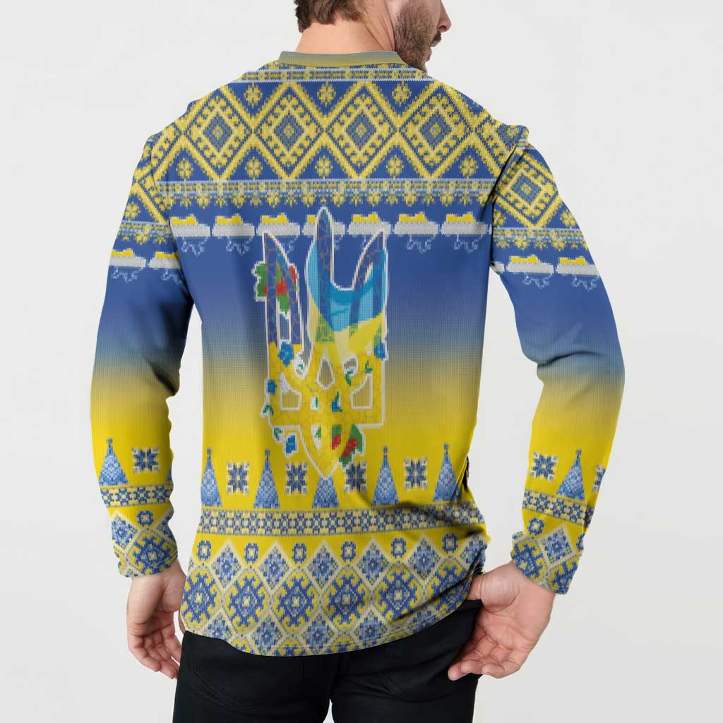 Ukraine Merry Christmas Button Sweatshirt Ukraine Emblem and Vyshyvanka Knitted Effect - Wonder Print Shop