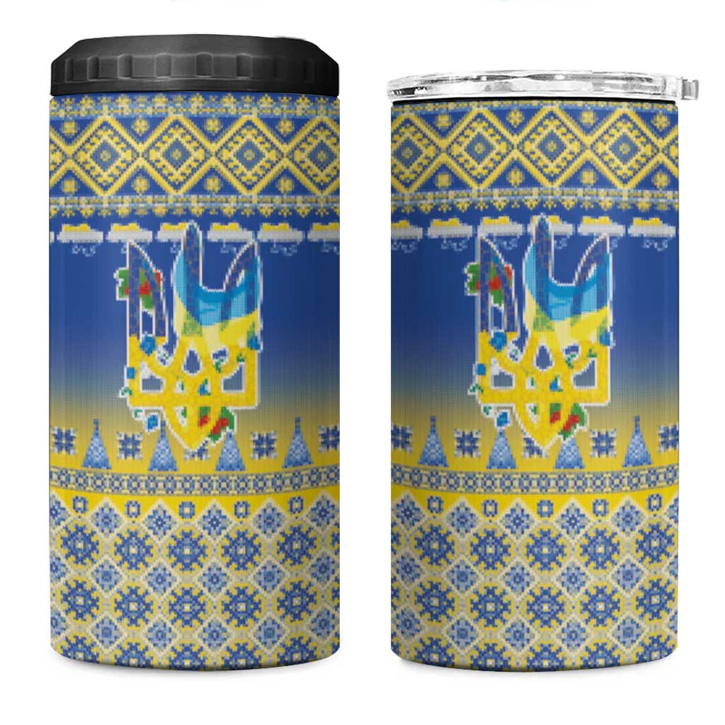 Ukraine Merry Christmas 4 in 1 Can Cooler Tumbler Ukraine Emblem and Vyshyvanka Knitted Effect - Wonder Print Shop