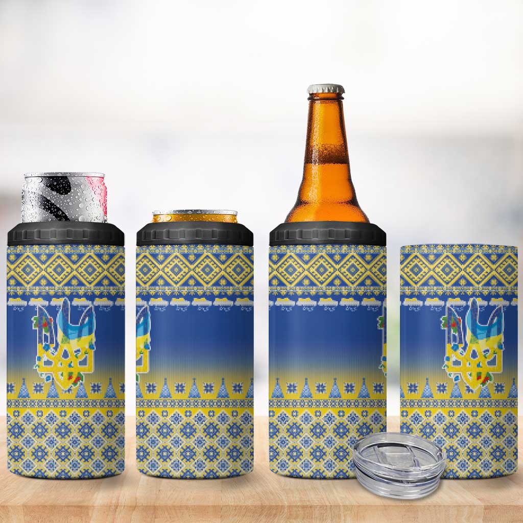 Ukraine Merry Christmas 4 in 1 Can Cooler Tumbler Ukraine Emblem and Vyshyvanka Knitted Effect - Wonder Print Shop