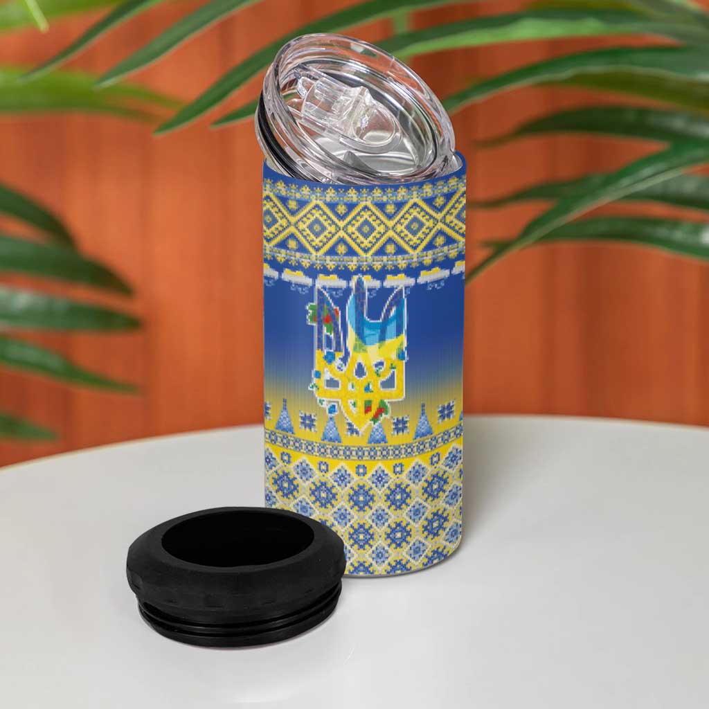 Ukraine Merry Christmas 4 in 1 Can Cooler Tumbler Ukraine Emblem and Vyshyvanka Knitted Effect - Wonder Print Shop