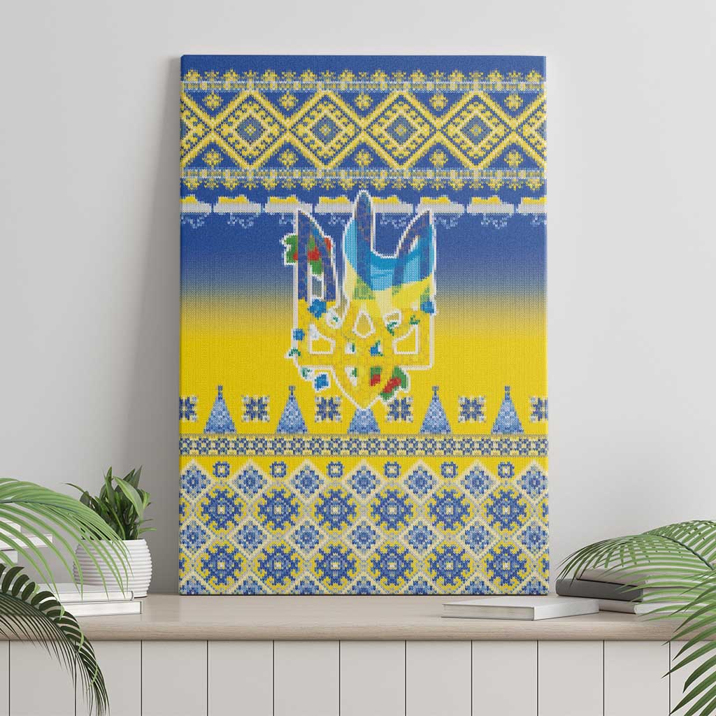 Ukraine Merry Christmas Canvas Wall Art Ukraine Emblem and Vyshyvanka Knitted Effect - Wonder Print Shop