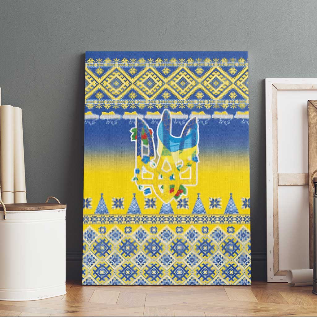 Ukraine Merry Christmas Canvas Wall Art Ukraine Emblem and Vyshyvanka Knitted Effect - Wonder Print Shop