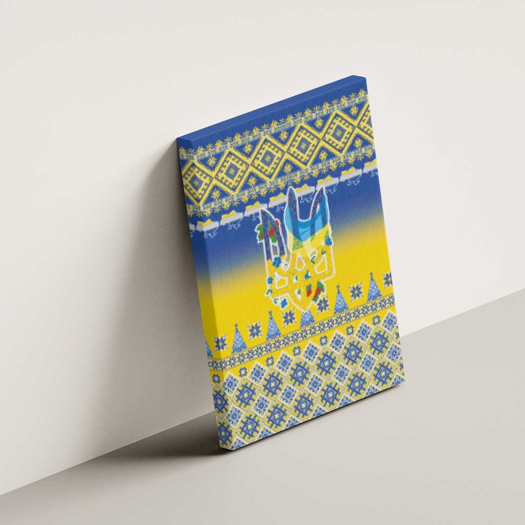 Ukraine Merry Christmas Canvas Wall Art Ukraine Emblem and Vyshyvanka Knitted Effect - Wonder Print Shop