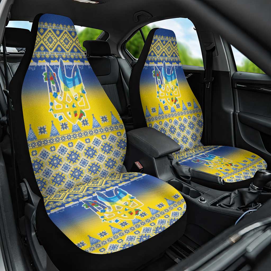 Ukraine Merry Christmas Car Seat Cover Ukraine Emblem and Vyshyvanka Knitted Effect - Wonder Print Shop