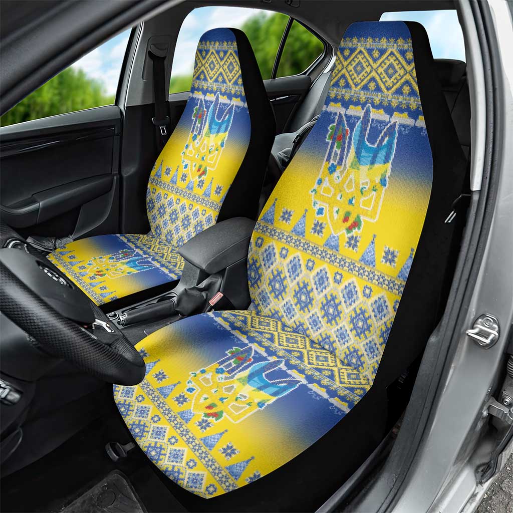 Ukraine Merry Christmas Car Seat Cover Ukraine Emblem and Vyshyvanka Knitted Effect - Wonder Print Shop