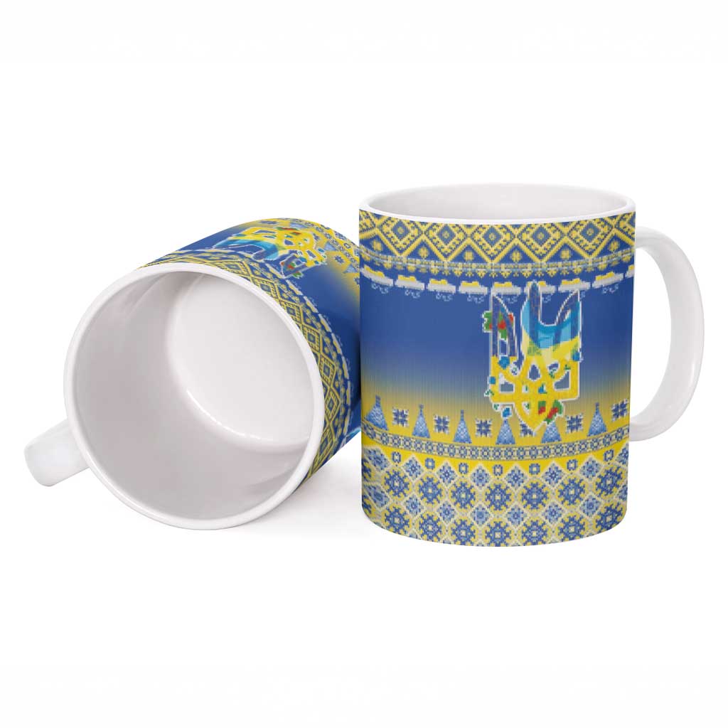 Ukraine Merry Christmas Ceramic Mug Ukraine Emblem and Vyshyvanka Knitted Effect - Wonder Print Shop