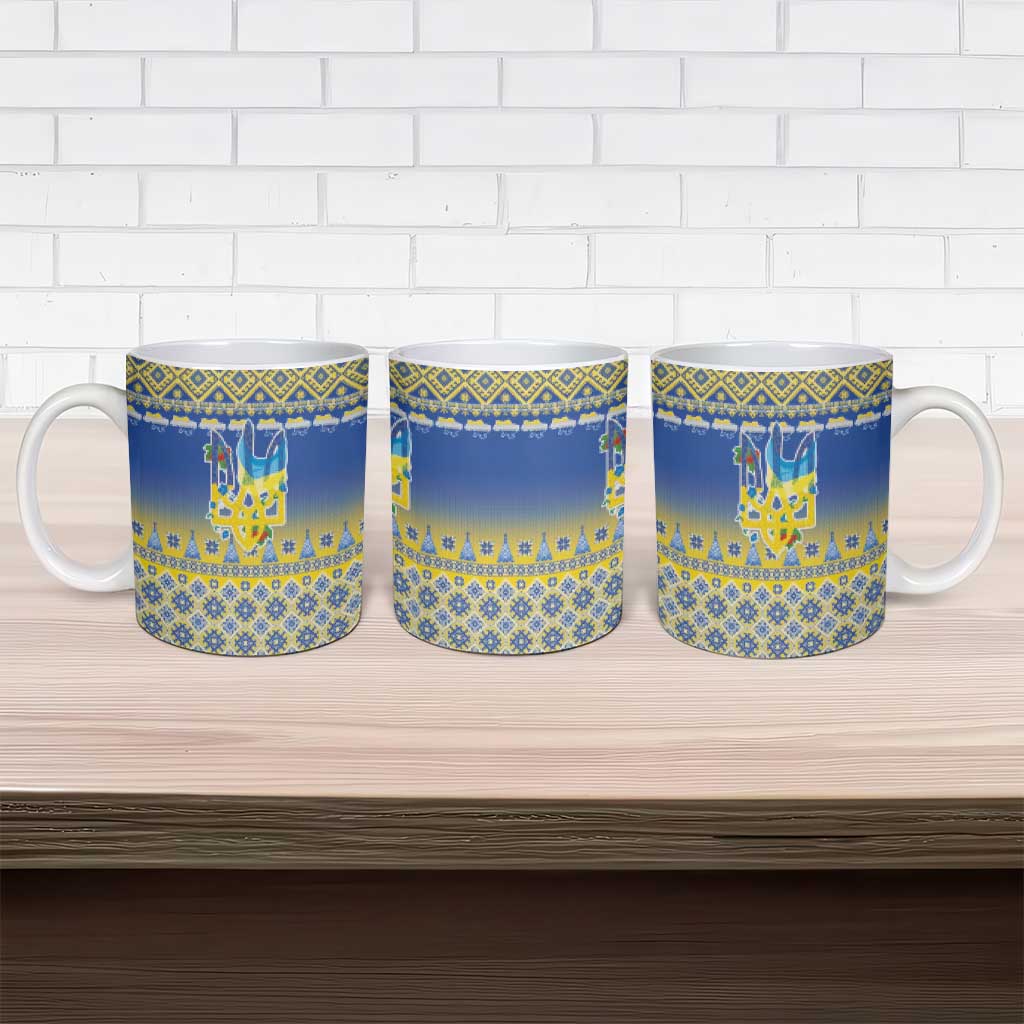 Ukraine Merry Christmas Ceramic Mug Ukraine Emblem and Vyshyvanka Knitted Effect - Wonder Print Shop