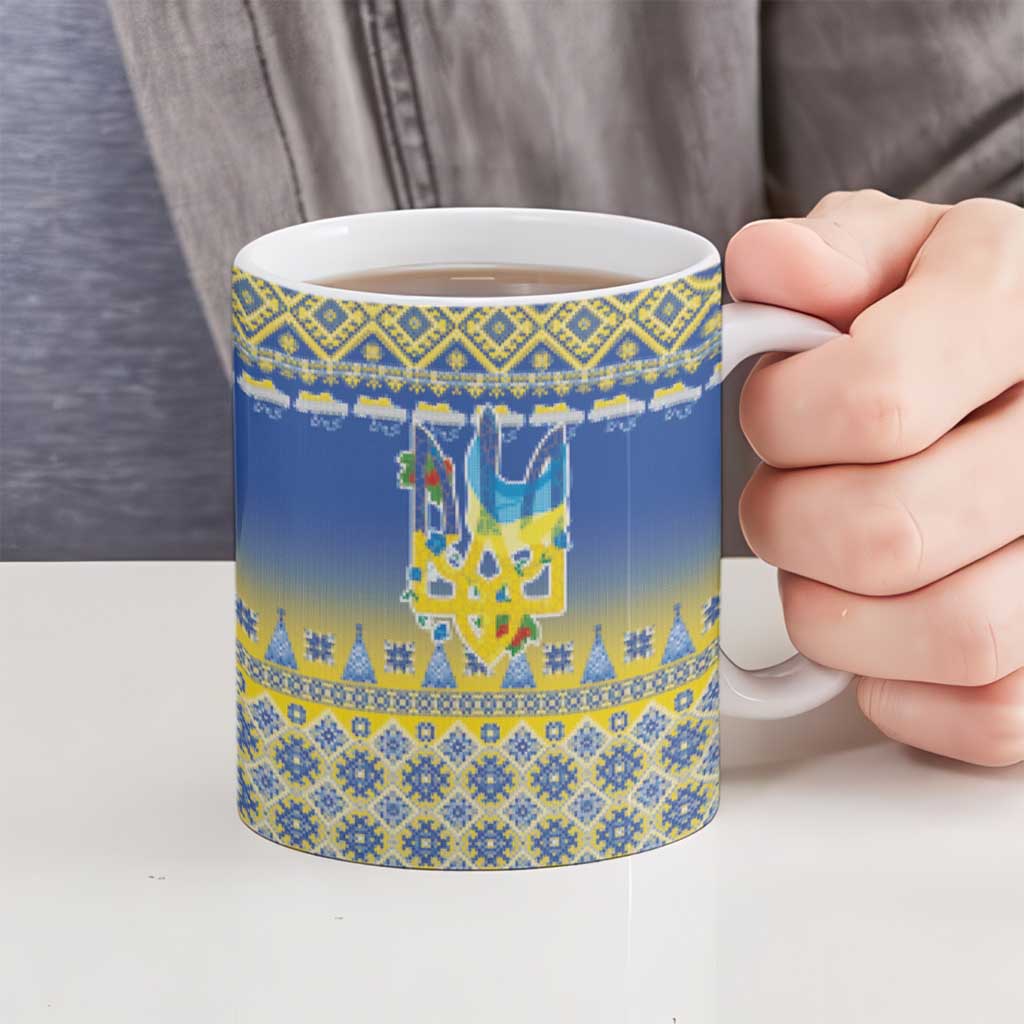 Ukraine Merry Christmas Ceramic Mug Ukraine Emblem and Vyshyvanka Knitted Effect - Wonder Print Shop