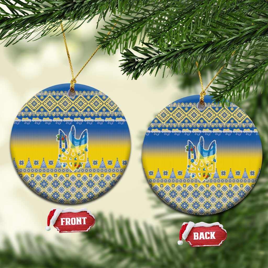 Ukraine Merry Christmas Ceramic Ornament Ukraine Emblem and Vyshyvanka Knitted Effect - Wonder Print Shop