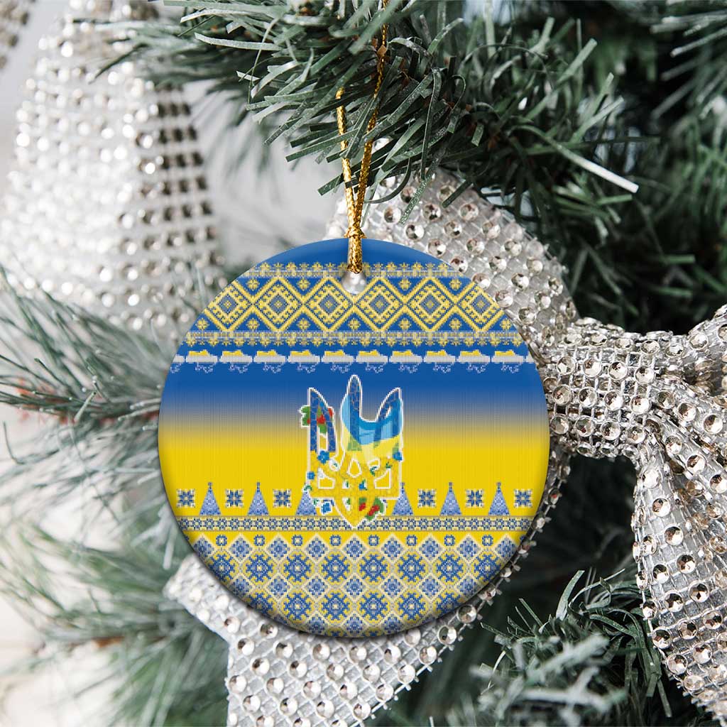 Ukraine Merry Christmas Ceramic Ornament Ukraine Emblem and Vyshyvanka Knitted Effect - Wonder Print Shop