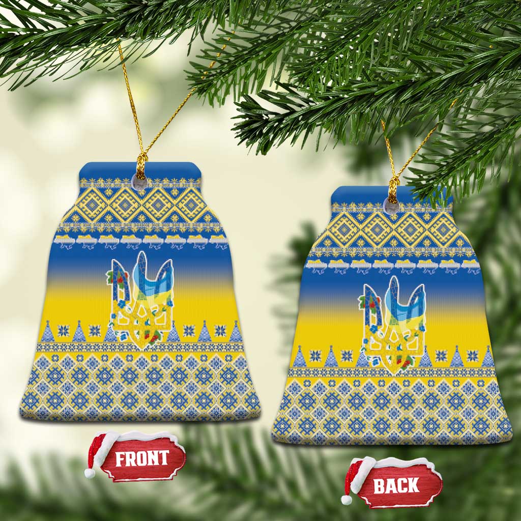 Ukraine Merry Christmas Ceramic Ornament Ukraine Emblem and Vyshyvanka Knitted Effect - Wonder Print Shop