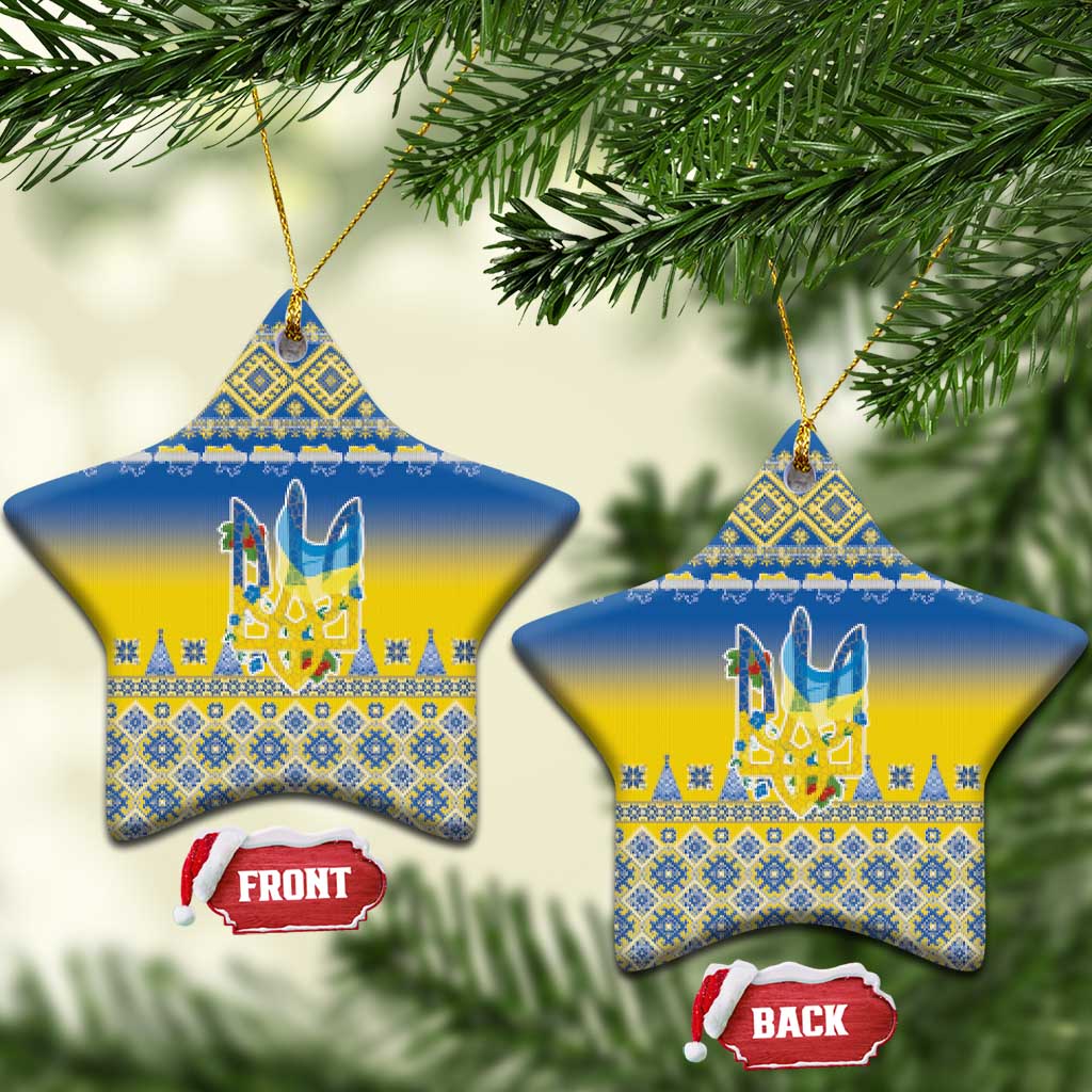 Ukraine Merry Christmas Ceramic Ornament Ukraine Emblem and Vyshyvanka Knitted Effect - Wonder Print Shop