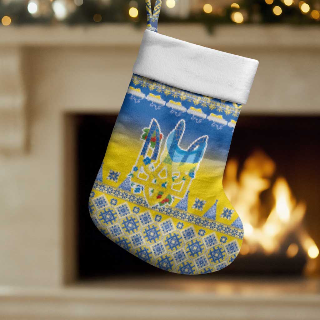 Ukraine Merry Christmas Stocking Ukraine Emblem and Vyshyvanka Knitted Effect - Wonder Print Shop