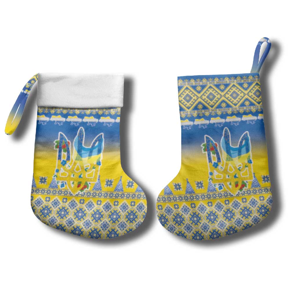 Ukraine Merry Christmas Stocking Ukraine Emblem and Vyshyvanka Knitted Effect - Wonder Print Shop