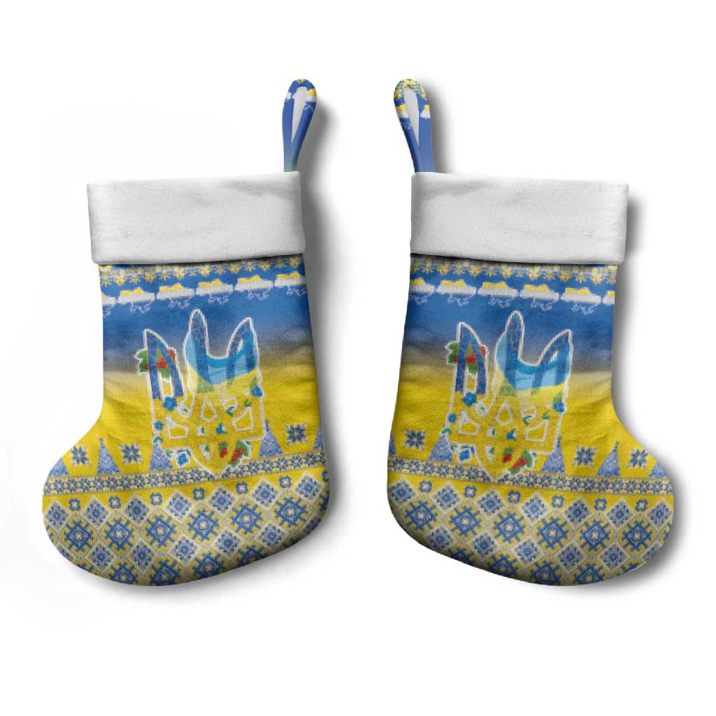 Ukraine Merry Christmas Stocking Ukraine Emblem and Vyshyvanka Knitted Effect - Wonder Print Shop