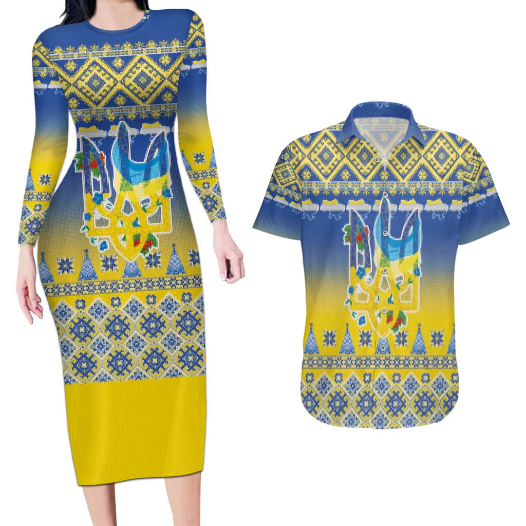 Ukraine Merry Christmas Couples Matching Long Sleeve Bodycon Dress and Hawaiian Shirt Ukraine Emblem and Vyshyvanka Knitted Effect - Wonder Print Shop