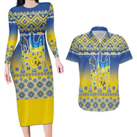 Ukraine Merry Christmas Couples Matching Long Sleeve Bodycon Dress and Hawaiian Shirt Ukraine Emblem and Vyshyvanka Knitted Effect - Wonder Print Shop