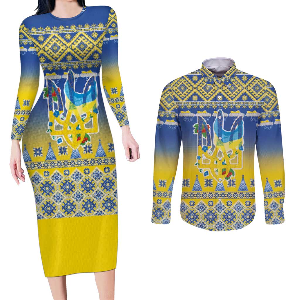 Ukraine Merry Christmas Couples Matching Long Sleeve Bodycon Dress and Long Sleeve Button Shirt Ukraine Emblem and Vyshyvanka Knitted Effect - Wonder Print Shop