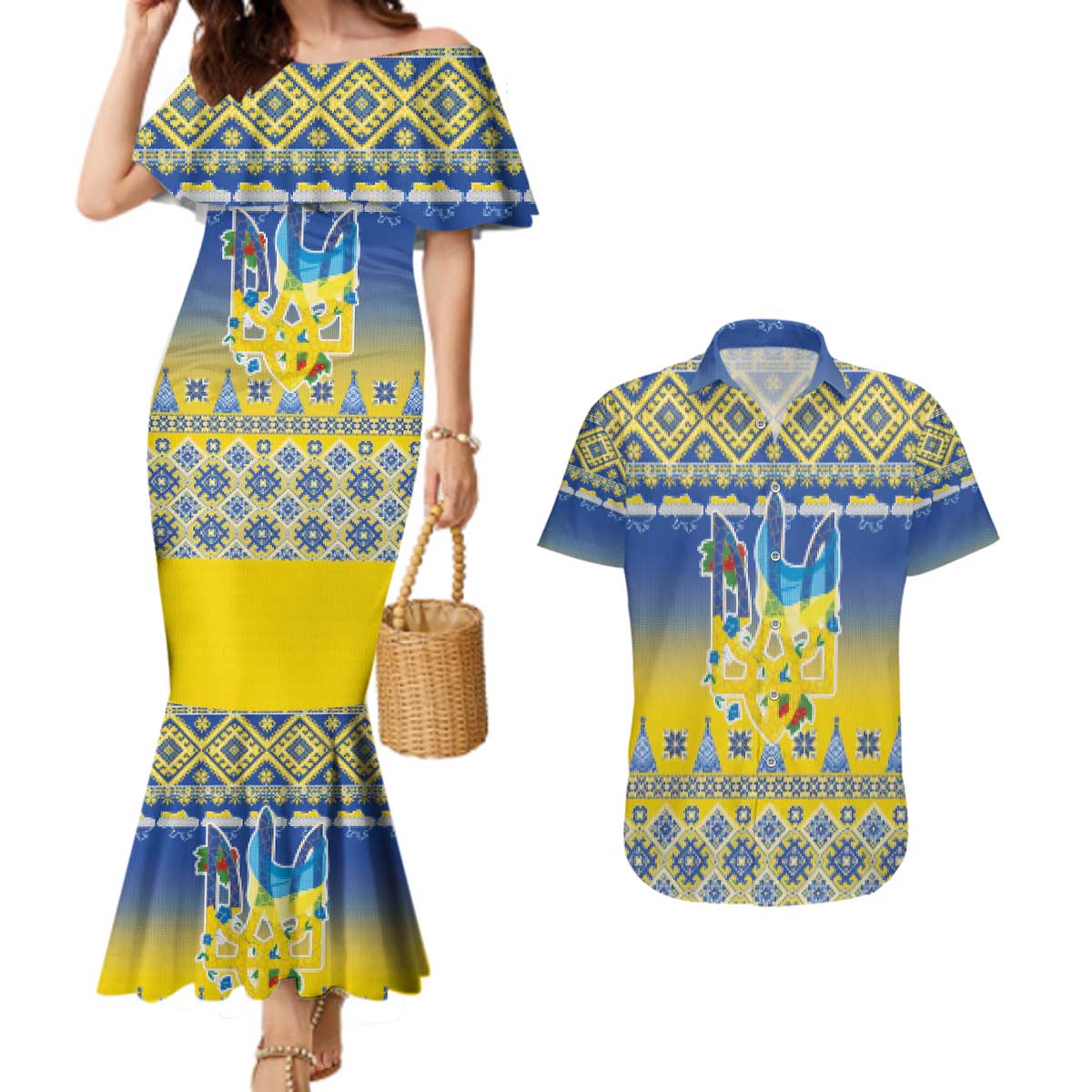 Ukraine Merry Christmas Couples Matching Mermaid Dress and Hawaiian Shirt Ukraine Emblem and Vyshyvanka Knitted Effect - Wonder Print Shop