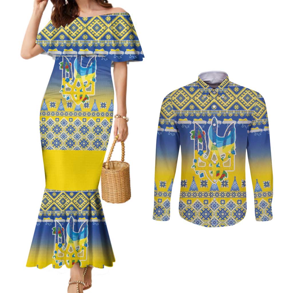 Ukraine Merry Christmas Couples Matching Mermaid Dress and Long Sleeve Button Shirt Ukraine Emblem and Vyshyvanka Knitted Effect - Wonder Print Shop