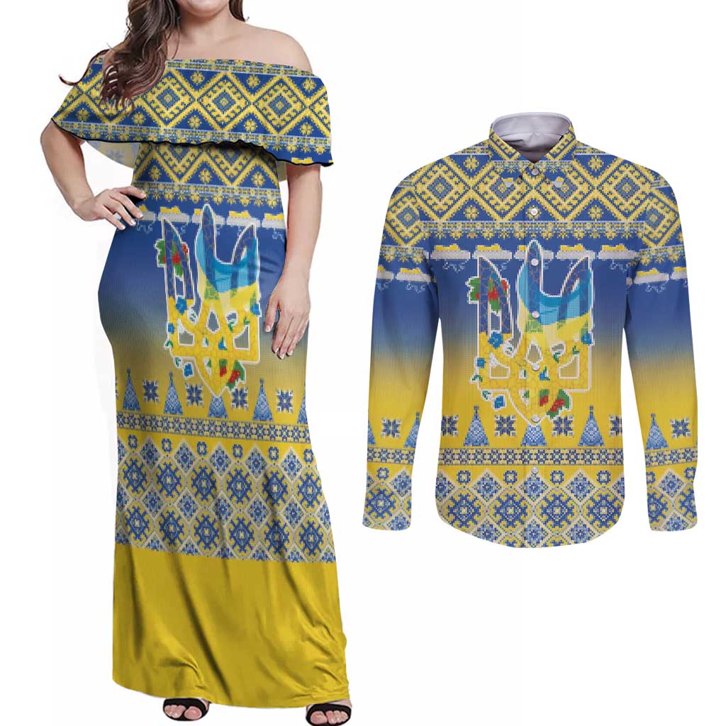 Ukraine Merry Christmas Couples Matching Off Shoulder Maxi Dress and Long Sleeve Button Shirt Ukraine Emblem and Vyshyvanka Knitted Effect - Wonder Print Shop
