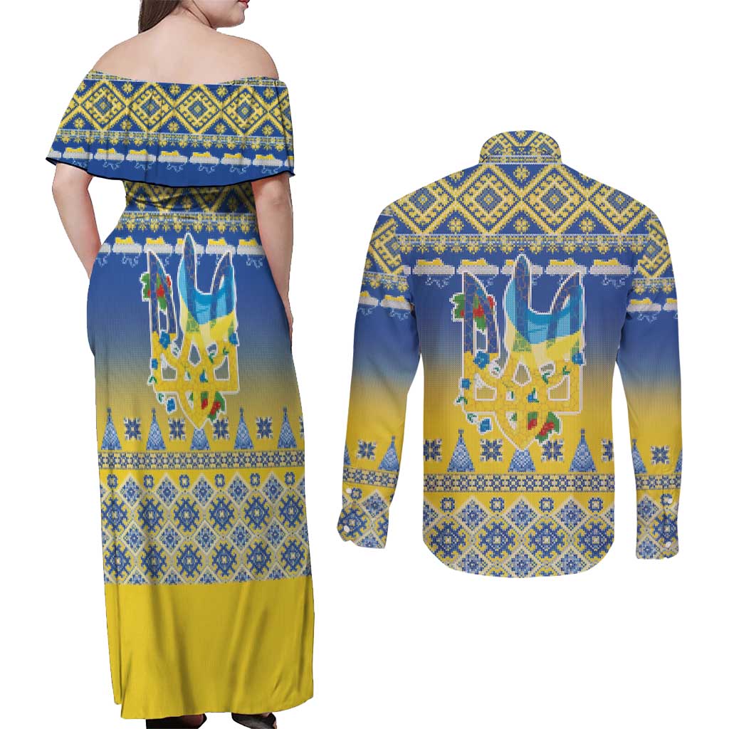 Ukraine Merry Christmas Couples Matching Off Shoulder Maxi Dress and Long Sleeve Button Shirt Ukraine Emblem and Vyshyvanka Knitted Effect - Wonder Print Shop