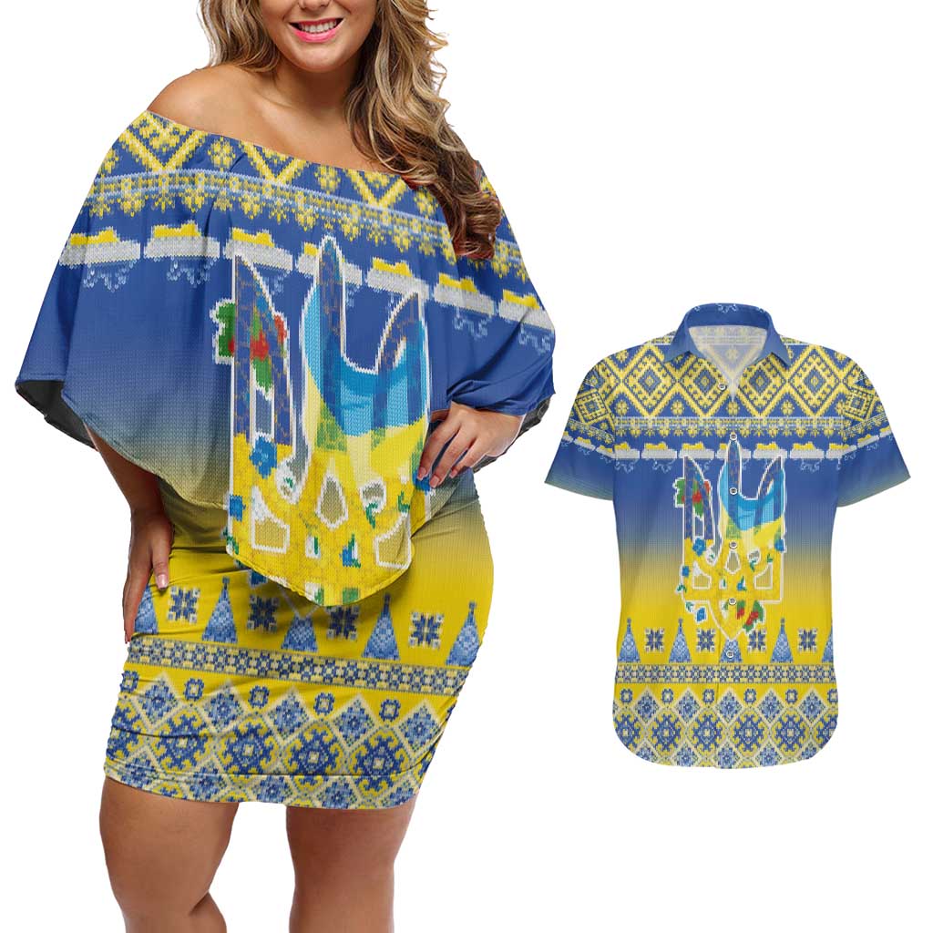 Ukraine Merry Christmas Couples Matching Off Shoulder Short Dress and Hawaiian Shirt Ukraine Emblem and Vyshyvanka Knitted Effect - Wonder Print Shop