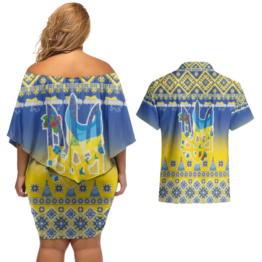 Ukraine Merry Christmas Couples Matching Off Shoulder Short Dress and Hawaiian Shirt Ukraine Emblem and Vyshyvanka Knitted Effect - Wonder Print Shop