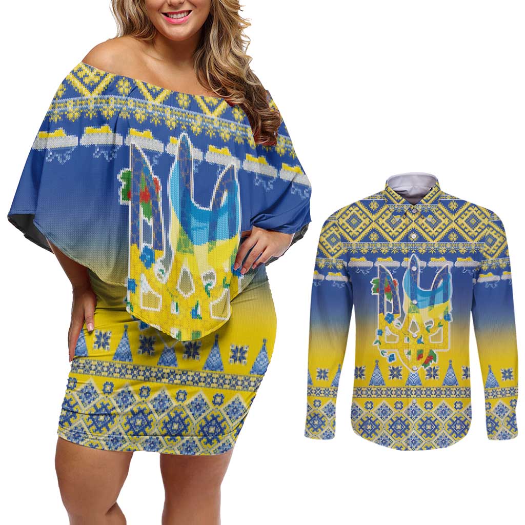 Ukraine Merry Christmas Couples Matching Off Shoulder Short Dress and Long Sleeve Button Shirt Ukraine Emblem and Vyshyvanka Knitted Effect - Wonder Print Shop