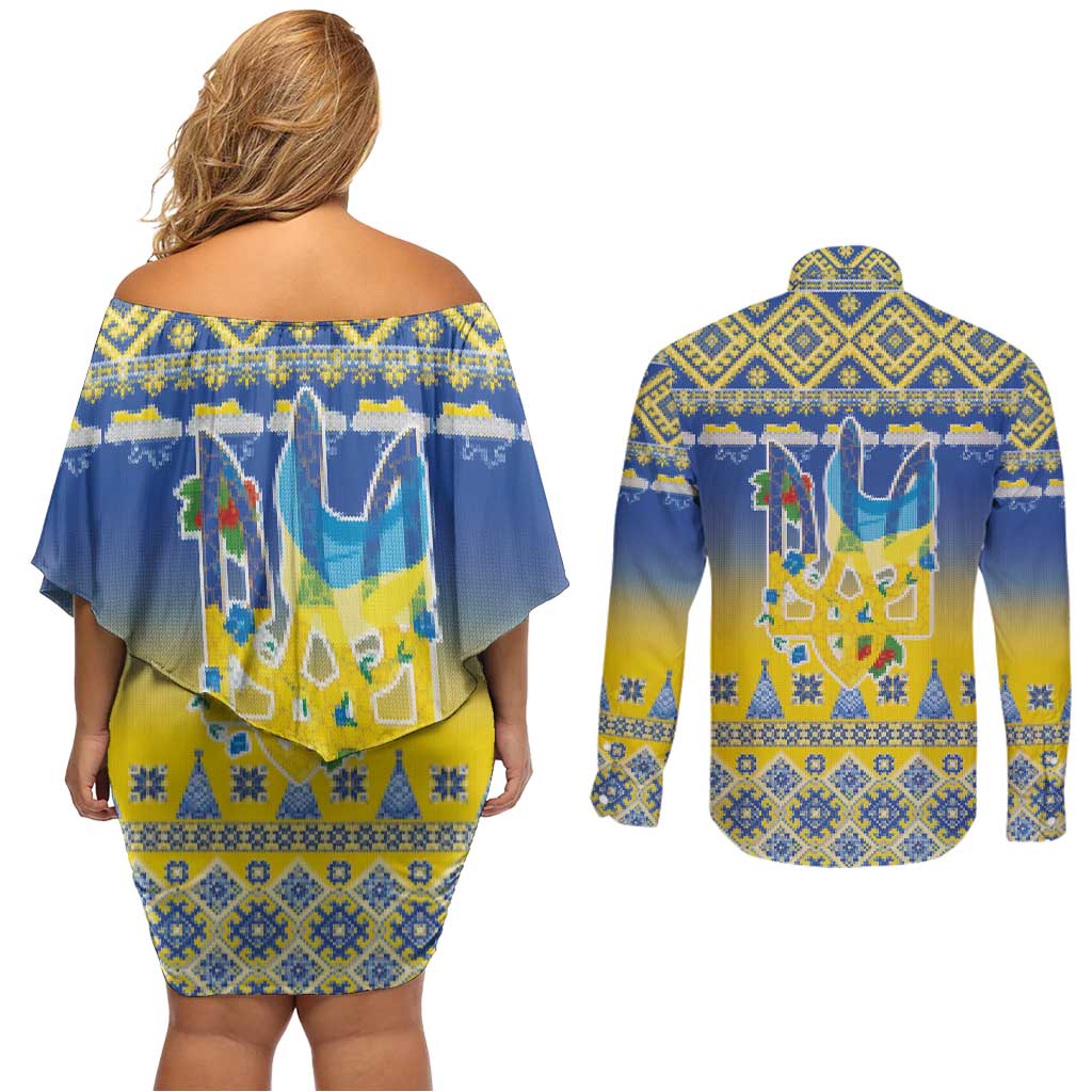 Ukraine Merry Christmas Couples Matching Off Shoulder Short Dress and Long Sleeve Button Shirt Ukraine Emblem and Vyshyvanka Knitted Effect - Wonder Print Shop