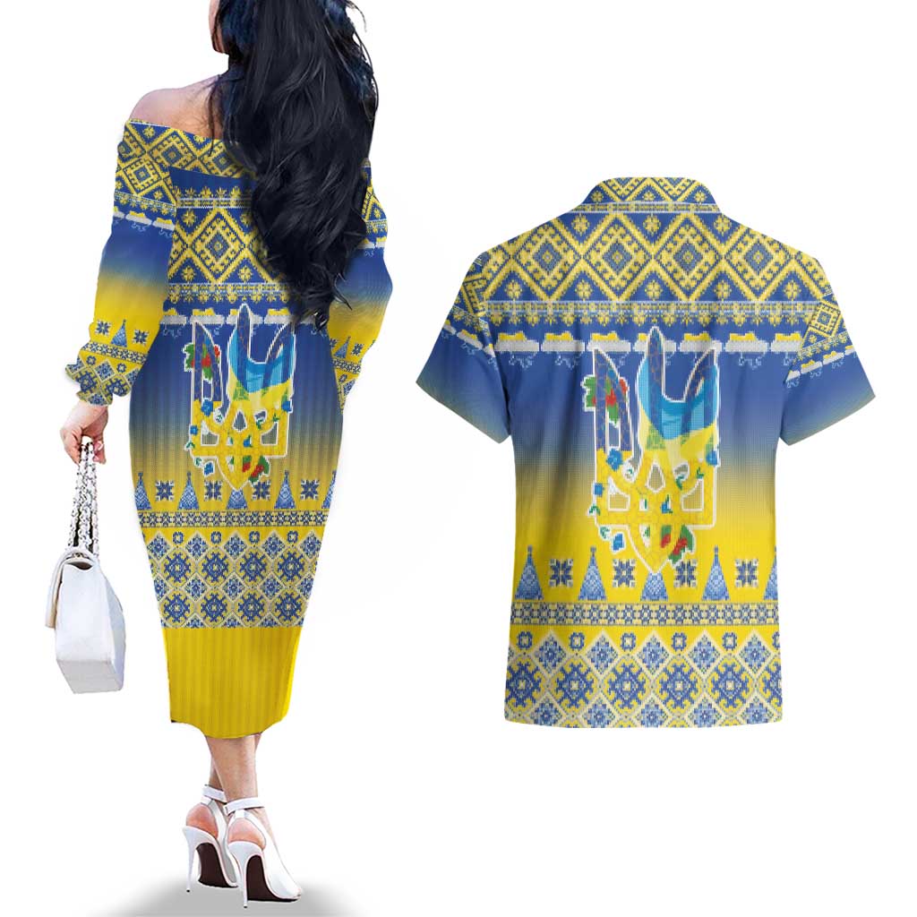 Ukraine Merry Christmas Couples Matching Off The Shoulder Long Sleeve Dress and Hawaiian Shirt Ukraine Emblem and Vyshyvanka Knitted Effect - Wonder Print Shop