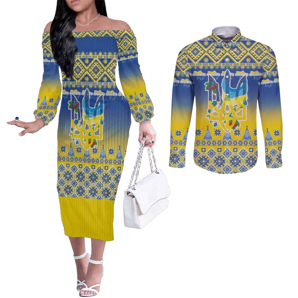 Ukraine Merry Christmas Couples Matching Off The Shoulder Long Sleeve Dress and Long Sleeve Button Shirt Ukraine Emblem and Vyshyvanka Knitted Effect - Wonder Print Shop