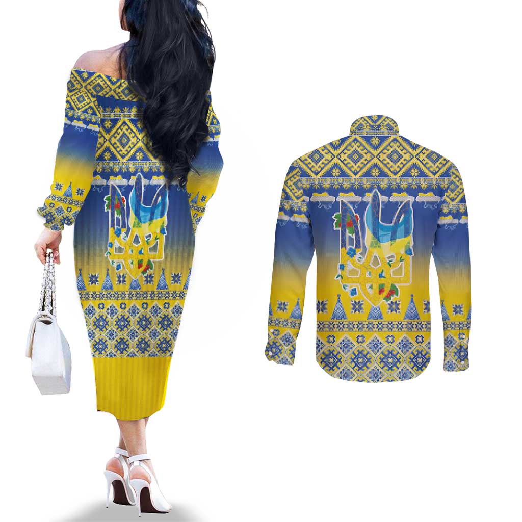 Ukraine Merry Christmas Couples Matching Off The Shoulder Long Sleeve Dress and Long Sleeve Button Shirt Ukraine Emblem and Vyshyvanka Knitted Effect - Wonder Print Shop