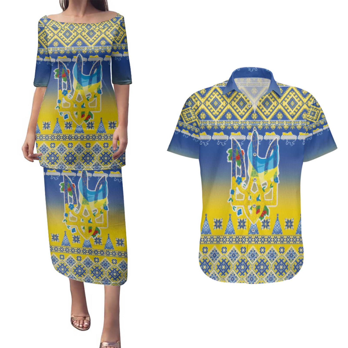 Ukraine Merry Christmas Couples Matching Puletasi and Hawaiian Shirt Ukraine Emblem and Vyshyvanka Knitted Effect - Wonder Print Shop